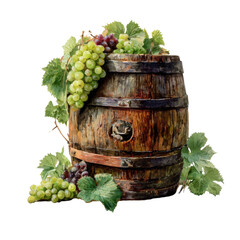Wooden barrel surrounded by bunches of green and red grapes and leaves