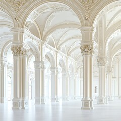 Majestic White Baroque Interior with Ornate Columns and Arched Windows in Natural Light
