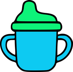 Obraz premium A simple cartoon illustration of a blue sippy cup with a green lid and two handles, isolated on a white background.