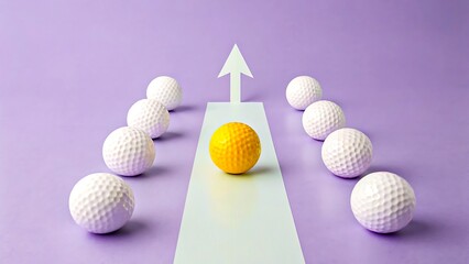 Yellow golf ball leading with white golf balls and arrow showing concept of leadership and success 
