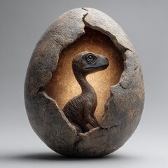Obraz premium A dinosaur egg in a rock with a baby dinosaur hatching inside