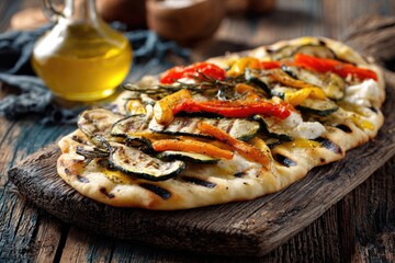 Grilled flatbread topped with roasted vegetables and cheese