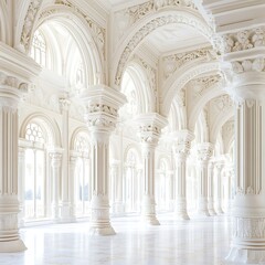 Majestic White Baroque Interior with Ornate Columns and Arched Windows in Natural Light