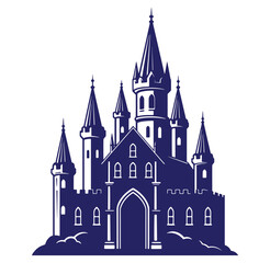 Fototapeta premium Elegant blue silhouette illustration of a medieval castle with towers and architectural details