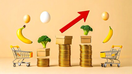 Inflation and rising food prices concept with coins shopping carts and groceries
