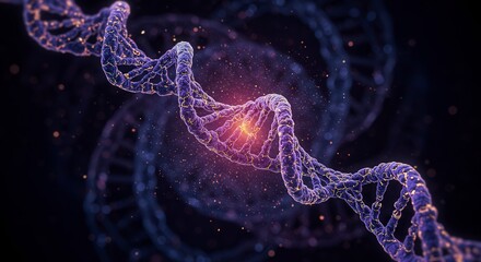 Abstract bio-data visualization: glowing DNA helix as algorithmic code forming a unique digital signature for future health tech.