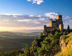 Majestic castle atop a hill, panoramic view