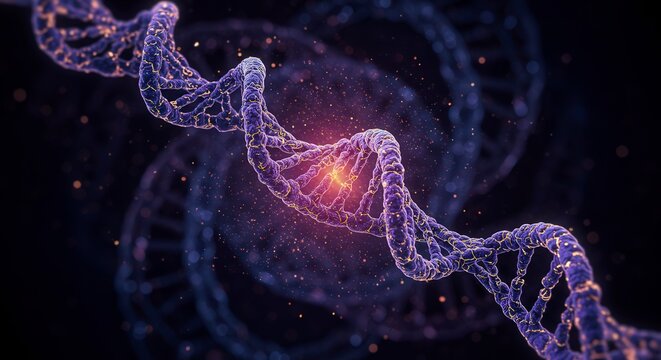 Abstract bio-data visualization: glowing DNA helix as algorithmic code forming a unique digital signature for future health tech.