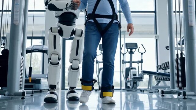Medical patient using robotic leg exoskeleton for rehabilitation training in modern physiotherapy clinic with exercise equipment