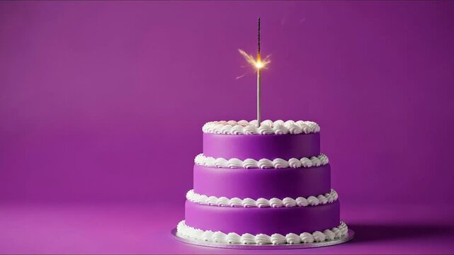 A threetiered purple cake with white frosting has a sparkler candle on top set against a purple background