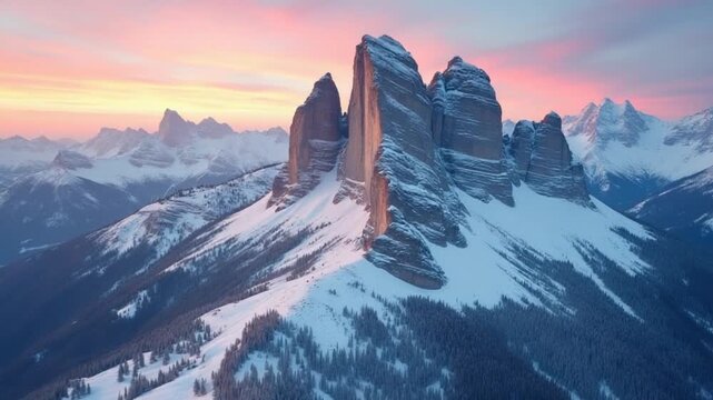 Sas dla Crusc Mountain. Dolomite Alps in Winter at Sunset. Badia, South Tyrol, Italy. Aerial Time Lapse, Hyper Lapse. Drone Flies Forward