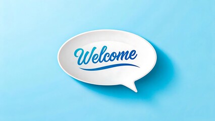 Welcome text in blue speech bubble on light background
