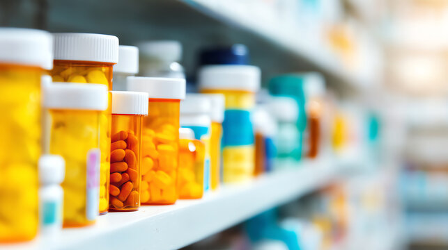 Multiple prescription pill bottles filled with various capsules and tablets are neatly arranged on a pharmacy shelf with a blurred background