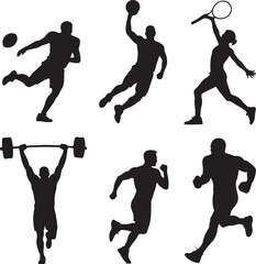 Six Silhouettes of Athletes in Action on White Background Keywords: silhouette, athlete, sport