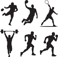 Six Silhouettes of Athletes in Action on White Background Keywords: silhouette, athlete, sport