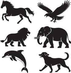 Six Silhouettes of Animals in Various Poses on White Background Keywords: silhouette, animal, horse