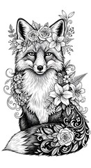 A detailed black and white illustration of a fox adorned with intricate floral designs, creating a captivating and elegant aesthetic.