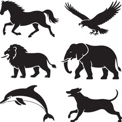 Silhouette Collection Of Various Animals In Motion On White Background Keywords: horse, running