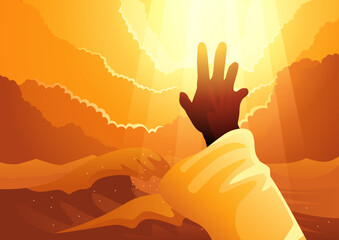 Vector illustration symbolizing the hand of Jesus reaching toward the sky, calming the storm with divine power.