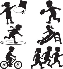 Silhouette Collection Of Children Playing Outdoor Games On White Background Keywords: children