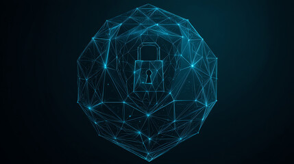A glowing digital shield with a lock symbol, formed by interconnected blue lines and dots, representing cybersecurity, data protection, and network security