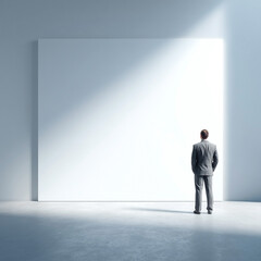 Obraz premium Contemplative businessman facing vast blank canvas in minimalist, light-filled space