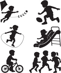 Children Silhouettes Playing Outdoors Kite Jumping Rope Sliding Biking Running Keywords: child