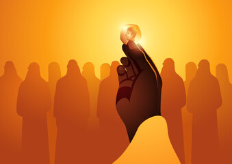 Biblical vector illustration of Jesus holding Caesar’s coin, symbolizing the gospel teaching, Render unto Caesar what is Caesar’s, and unto God what is God’s.