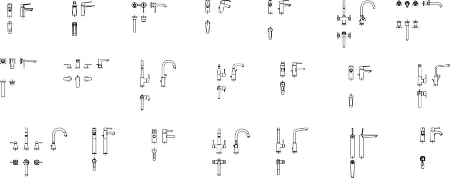 Collection of basin illustrations with front, side, and top views for architectural and technical design use.