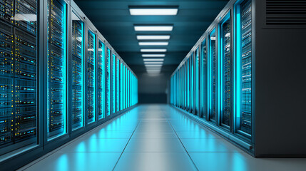 A futuristic data center hallway lined with server racks glowing blue, reflecting off the polished floor under bright ceiling lights, showcasing advanced technology infrastructure