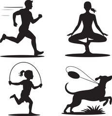 Silhouettes of People and Animals Engaged in Recreational Activities Keywords: silhouette, running