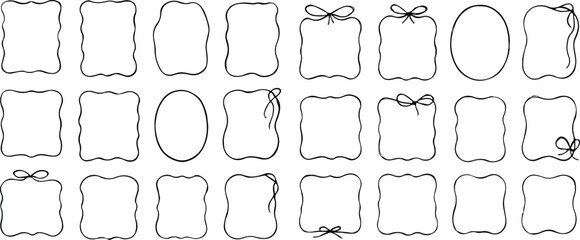 Hand Drawn Vintage Frames with Wavy Lines, Bows and Ribbons Whimsical Doodle Borders for Wedding Invitations and Greeting Cards Minimalist Ink Coquette Vector with on white background