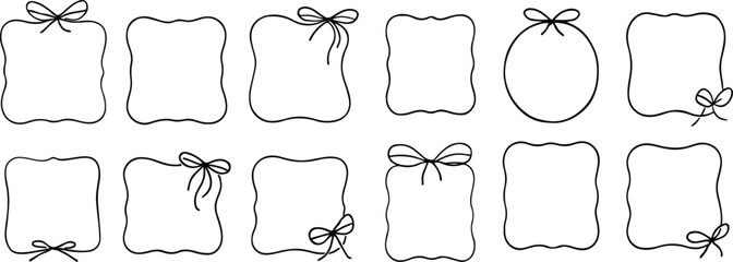 Hand Drawn Vintage Frames with Wavy Lines, Bows and Ribbons Whimsical Doodle Borders for Wedding Invitations and Greeting Cards Minimalist Ink Coquette Vector with on white background