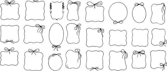 Hand Drawn Vintage Frames with Wavy Lines, Bows and Ribbons Whimsical Doodle Borders for Wedding Invitations and Greeting Cards Minimalist Ink Coquette Vector with on white background
