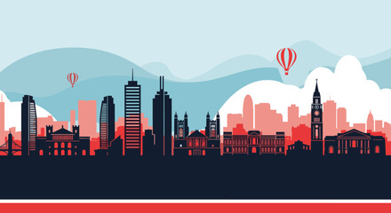 Obraz premium Vibrant cityscape with hot air balloons and modern architecture in the distance