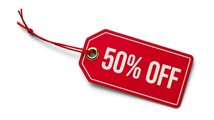 Red discount tag showing fifty percent off sale offer
