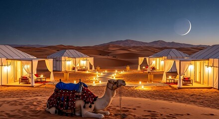 Desert Camp at Dusk with Camel and Crescent Moon.