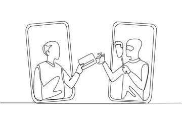Single one line drawing grandpa out of his smartphone and hands his credit card to a masked thief. Camouflage. Crime. National Senior Fraud Awareness Day. Continuous line design graphic illustration