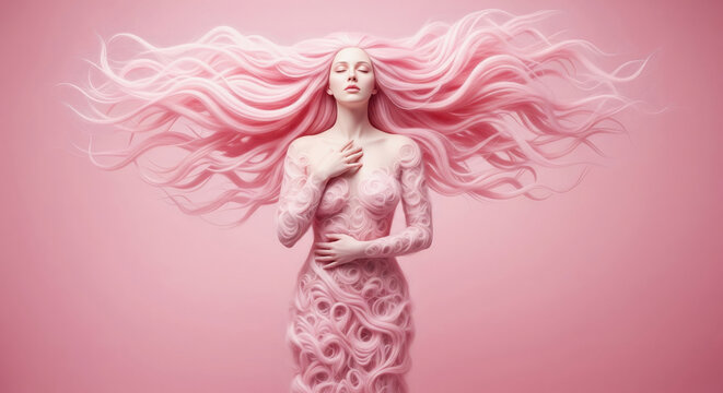 Surreal portrait of a woman with long, flowing pink hair creating her body. Concept of fantasy and abstract beauty.