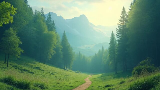 Lush Green Forest with Winding Path and Misty Mountains
