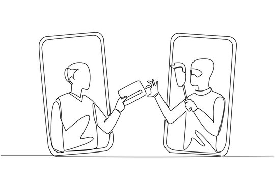 Single one line drawing grandpa out of his smartphone and hands his credit card to a masked thief. Camouflage. Crime. National Senior Fraud Awareness Day. Continuous line design graphic illustration - Powered by Adobe