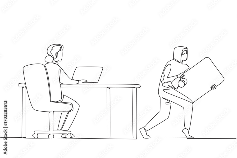 Poster continuous one line drawing grandma typing on laptop and thief taking credit card from behind screen
