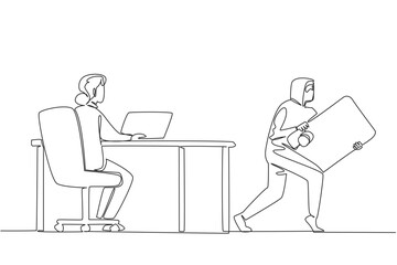 Continuous one line drawing grandma typing on laptop and thief taking credit card from behind screen. Hacking. Data. National Senior Fraud Awareness Day. Single line draw design vector illustration
