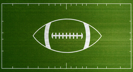 White outline of an American football on a green field.