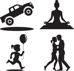 Monster truck yoga person running child with balloon dancing couple silhouettes vehicle