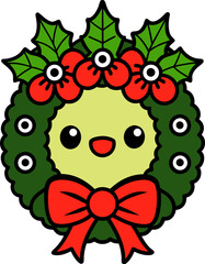 Elegant Christmas Holly Wreath Lineart Vector Design Illustration