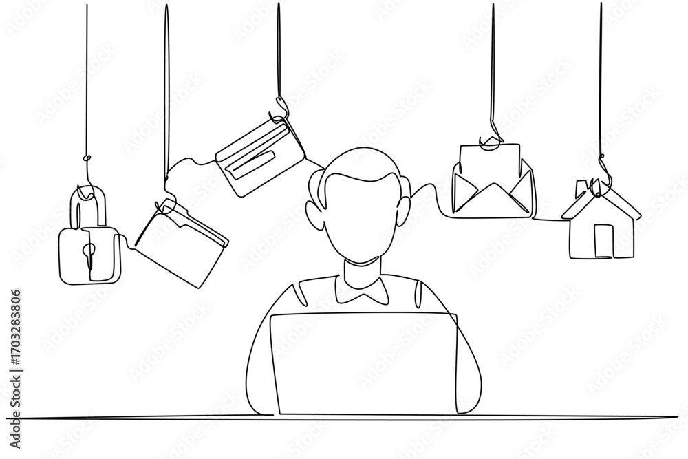Poster single one line drawing a grandpa typing on laptop and some icons that require login. data that is v