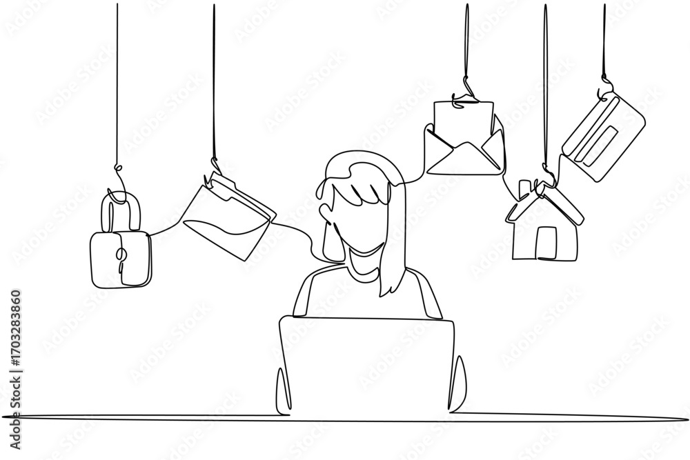 Poster single continuous line drawing man typing on laptop and some important icons. differentiate password