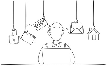 Single one line drawing a grandpa typing on laptop and some icons that require login. Data that is vulnerable to theft. National Senior Fraud Awareness Day. Continuous line design graphic illustration