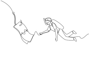 Single one line drawing woman swimming diving and chasing a hook with dollar bills attached. Wrong investment. Loss. National Senior Fraud Awareness Day. Continuous line design graphic illustration